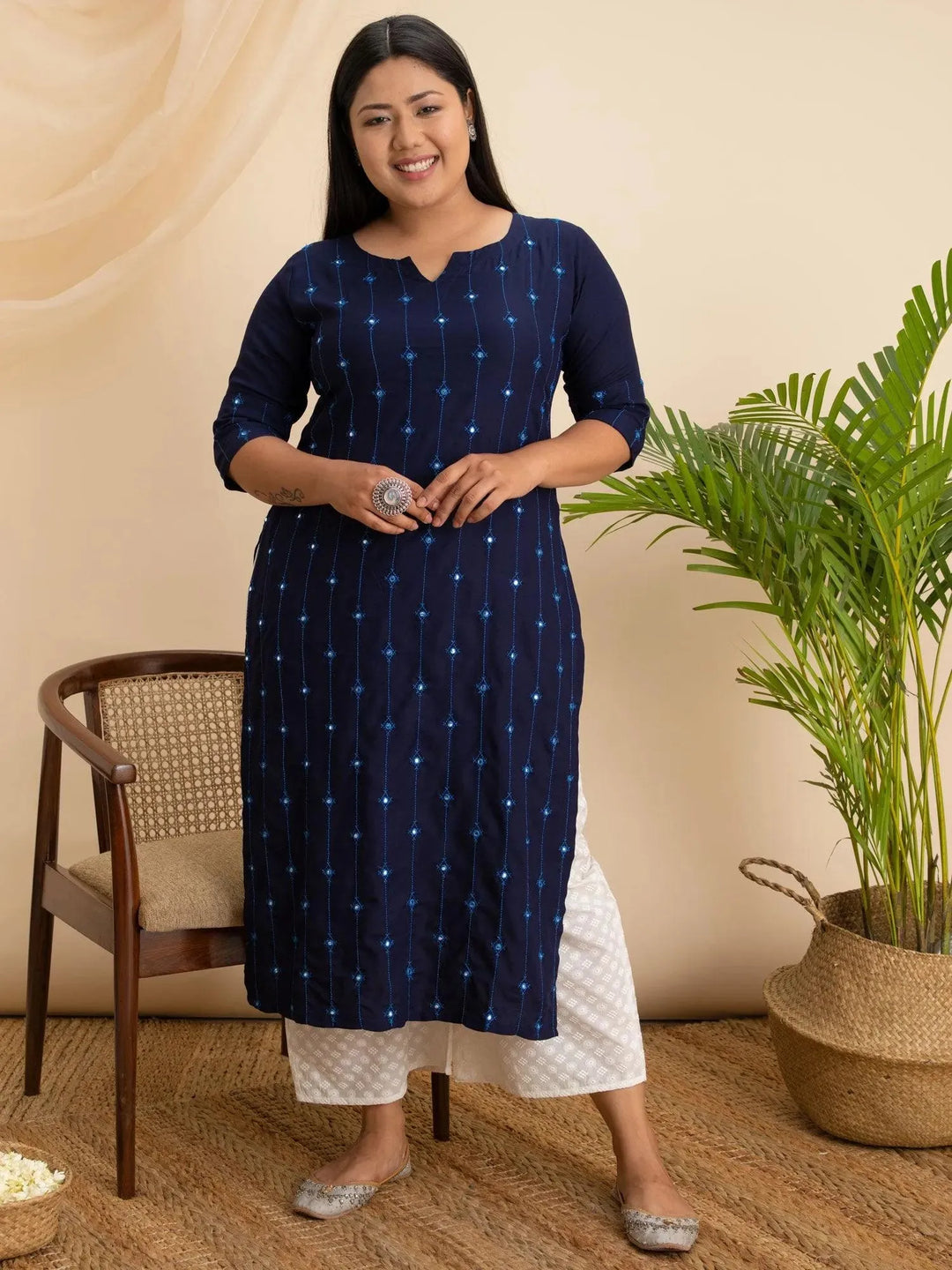 Plus Size Navy Blue Embroidered Rayon Kurta - Libas