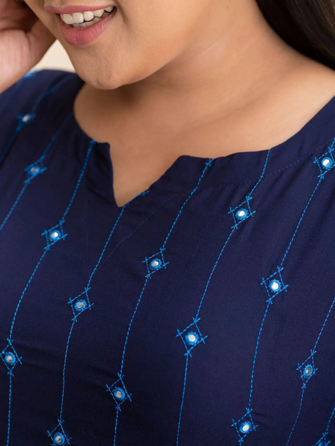 Plus Size Navy Blue Embroidered Rayon Kurta - Libas 