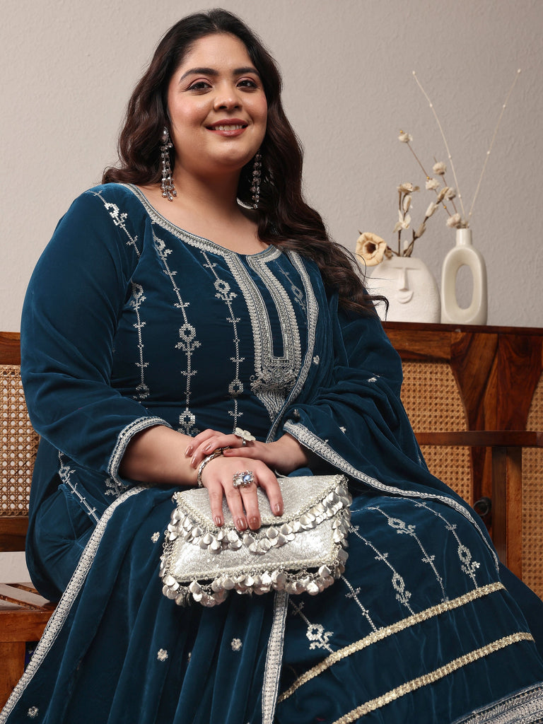 Plus Size Navy blue Embroidered Velvet Straight Suit Set With Dupatta