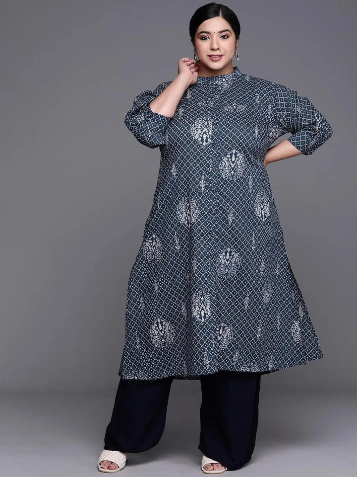 Plus Size Navy Blue Printed Cotton Kurta - Libas