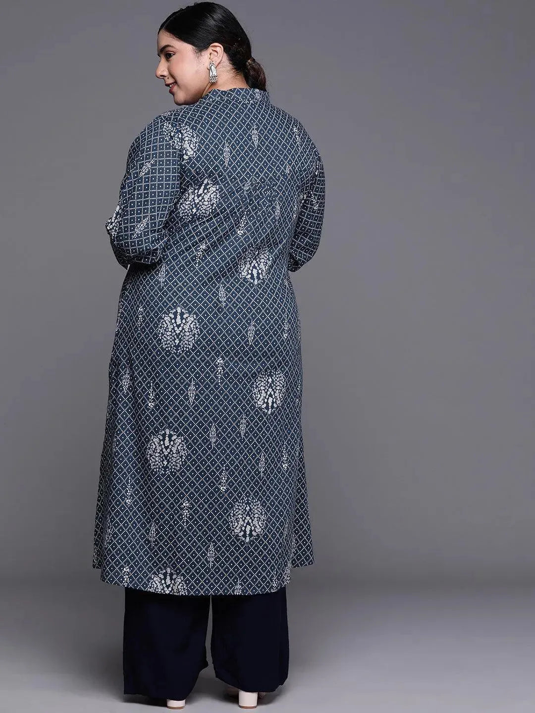 Plus Size Navy Blue Printed Cotton Kurta - Libas 