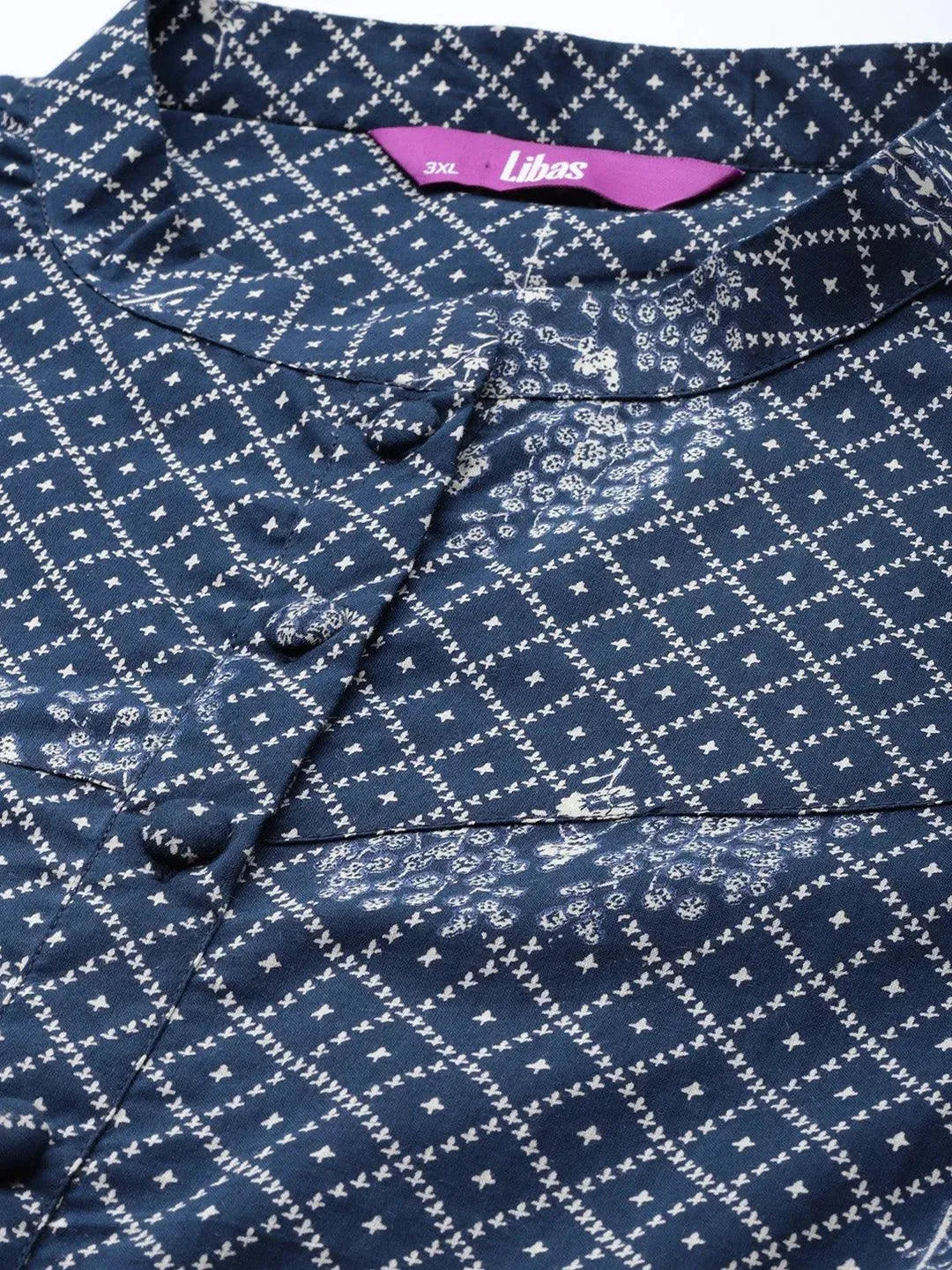 Plus Size Navy Blue Printed Cotton Kurta - Libas 
