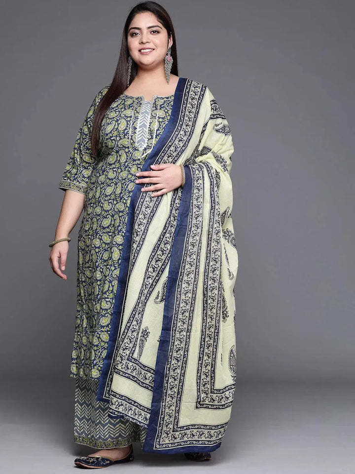 Plus Size Navy Blue Printed Cotton Suit Set - Libas