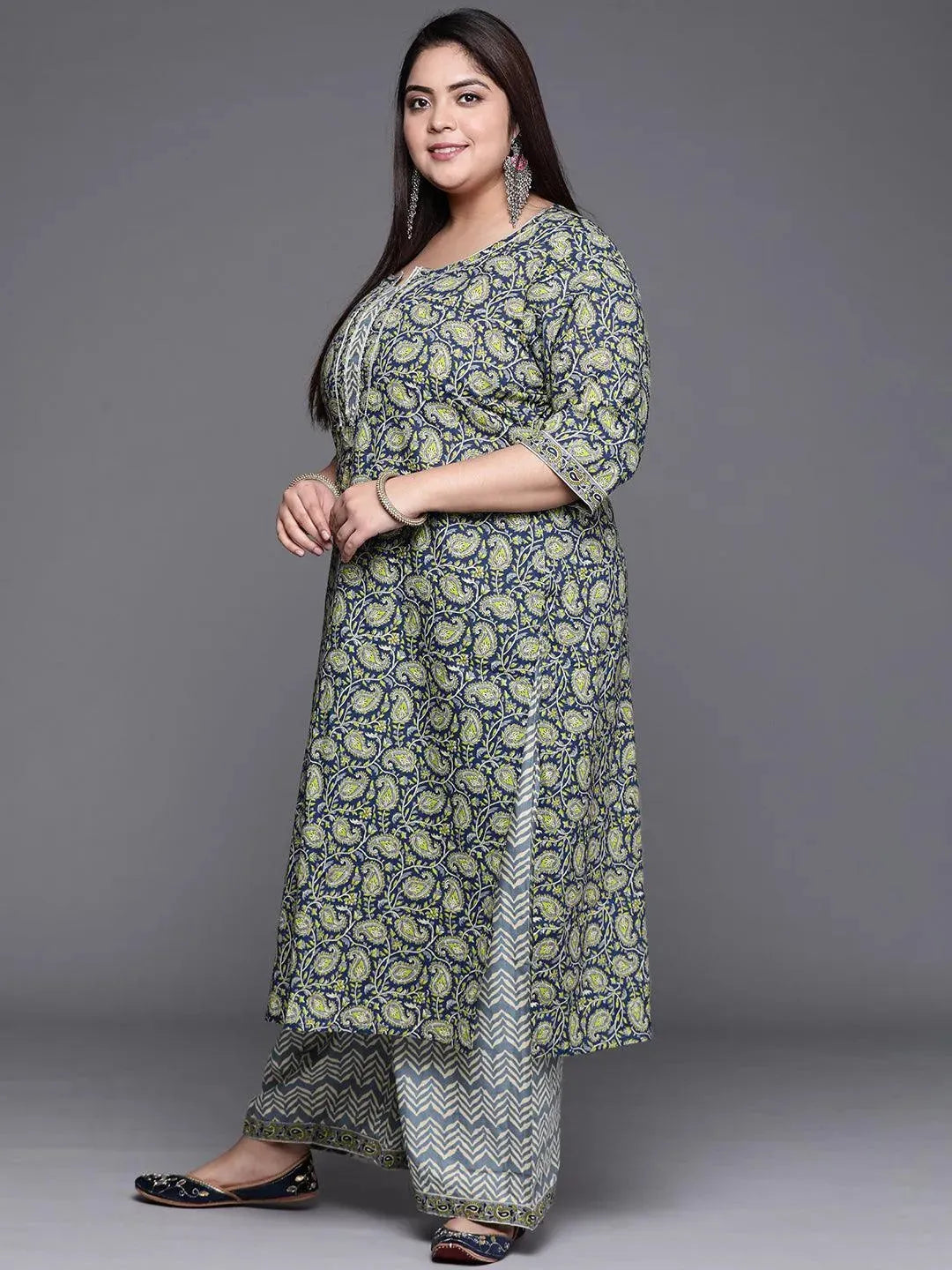 Plus Size Navy Blue Printed Cotton Suit Set - Libas