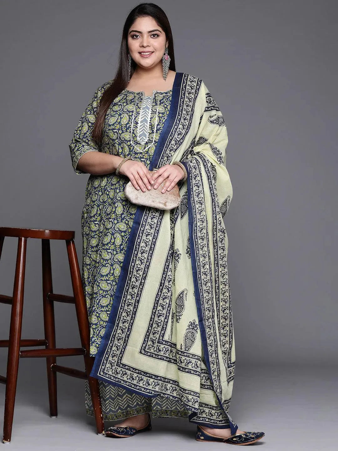 Plus Size Navy Blue Printed Cotton Suit Set - Libas