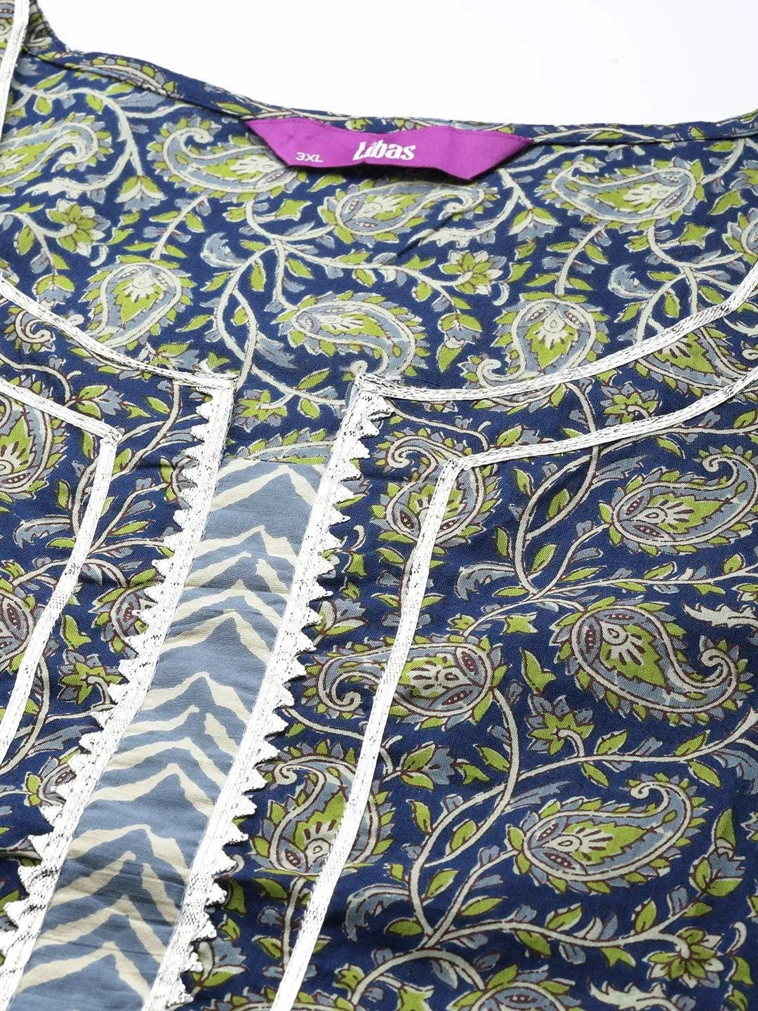 Plus Size Navy Blue Printed Cotton Suit Set - Libas 