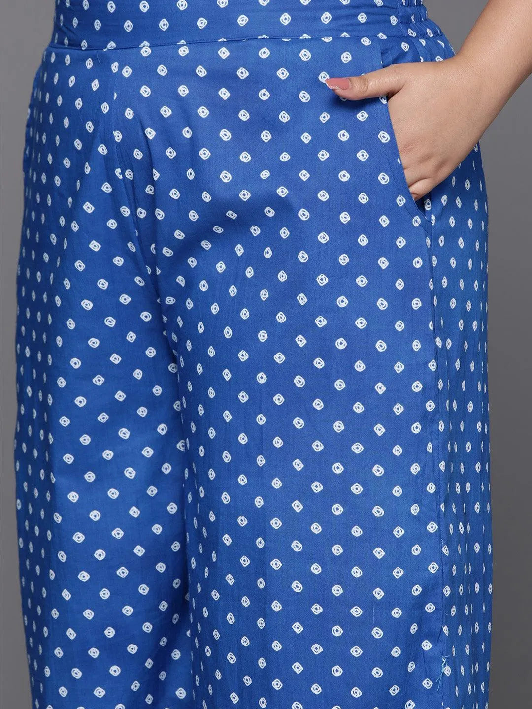 Plus Size Navy Blue Printed Cotton Straight Kurta With Palazzos & Dupatta - Libas 