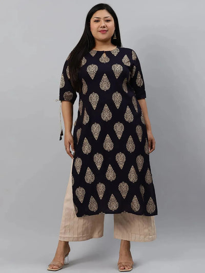 Plus Size Navy Blue Printed Rayon Kurta - Libas