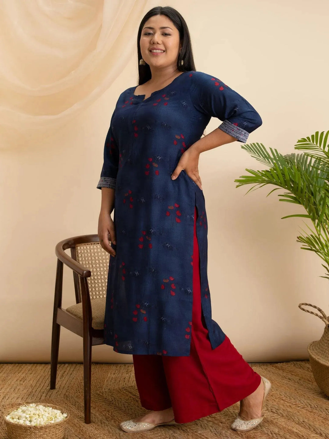 Plus Size Navy Blue Printed Rayon Kurta - Libas