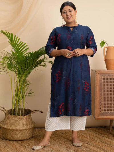 Plus Size Navy Blue Printed Rayon Kurta - Libas