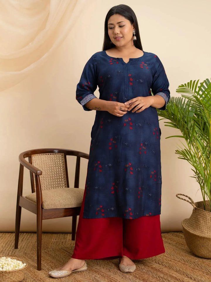 Plus Size Navy Blue Printed Rayon Kurta - Libas