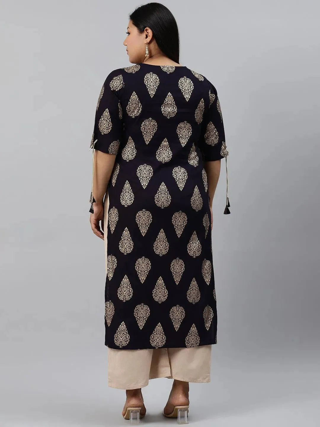 Plus Size Navy Blue Printed Rayon Kurta - Libas 