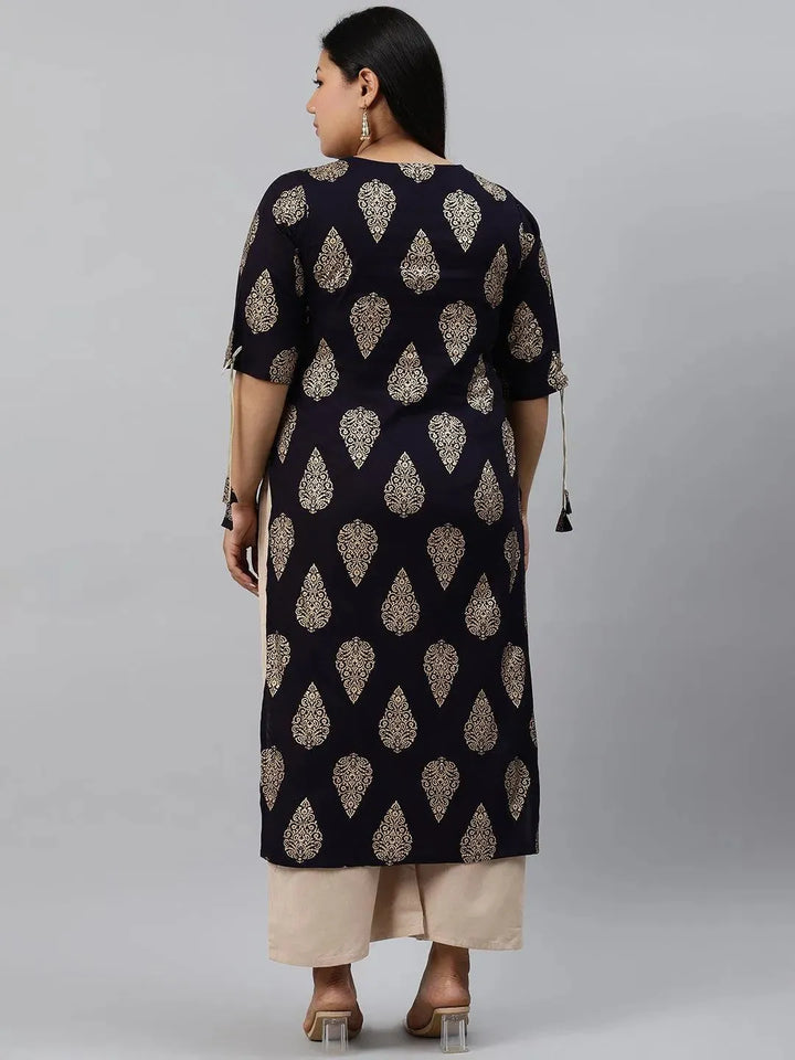 Plus Size Navy Blue Printed Rayon Kurta - Libas