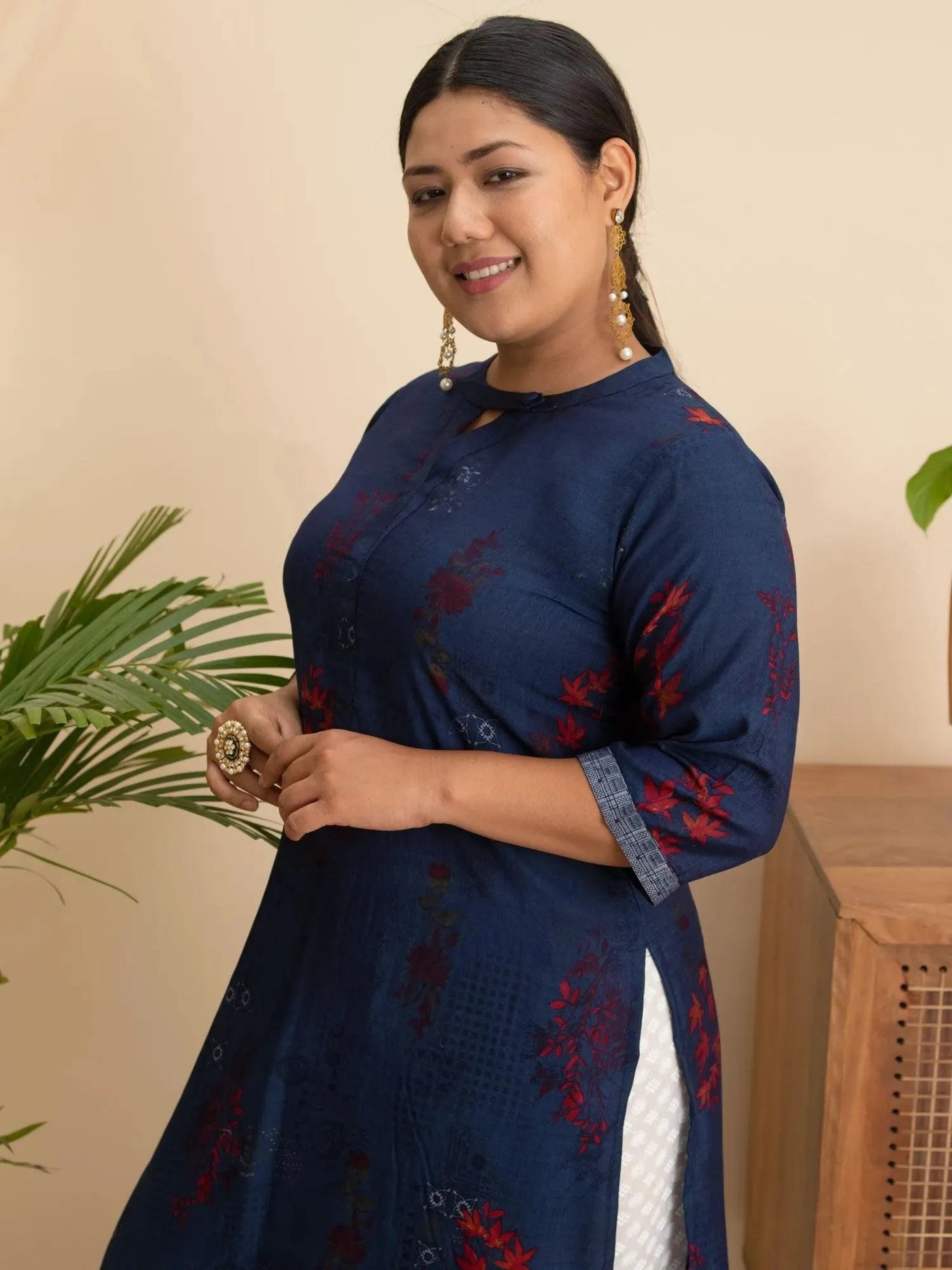 Plus Size Navy Blue Printed Rayon Kurta - Libas