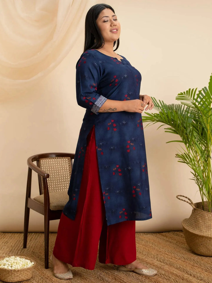 Plus Size Navy Blue Printed Rayon Kurta - Libas