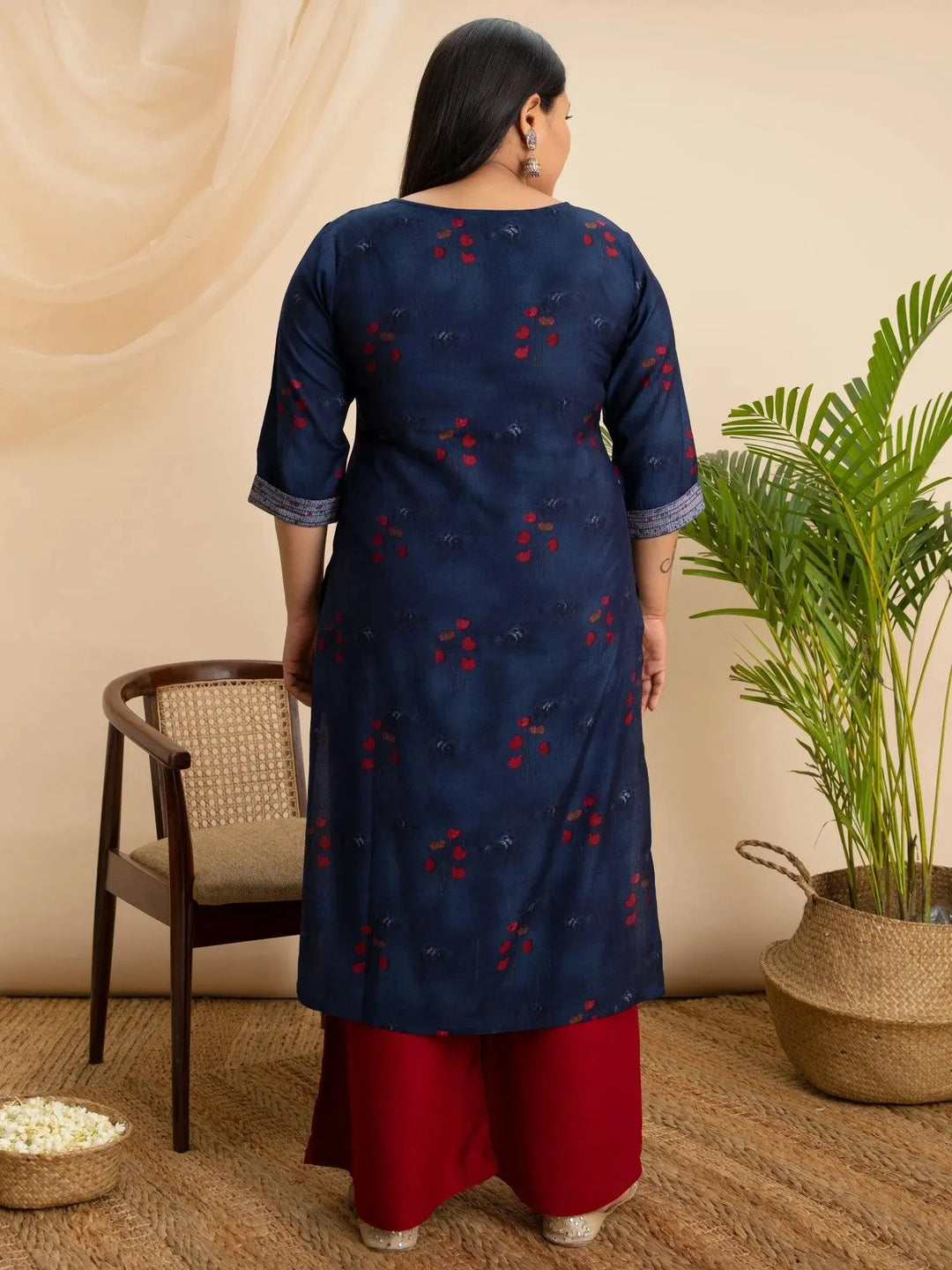 Plus Size Navy Blue Printed Rayon Kurta - Libas 