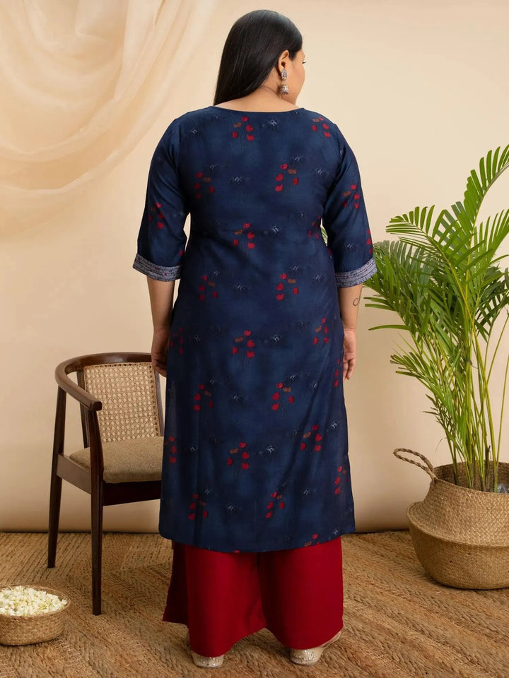 Plus Size Navy Blue Printed Rayon Kurta - Libas