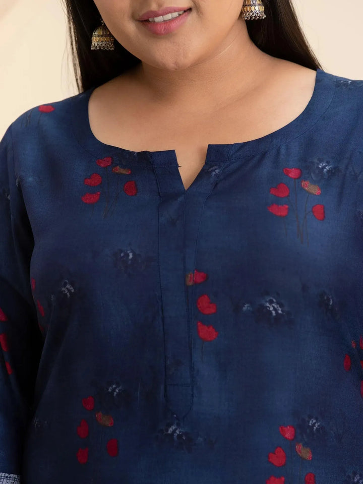Plus Size Navy Blue Printed Rayon Kurta - Libas