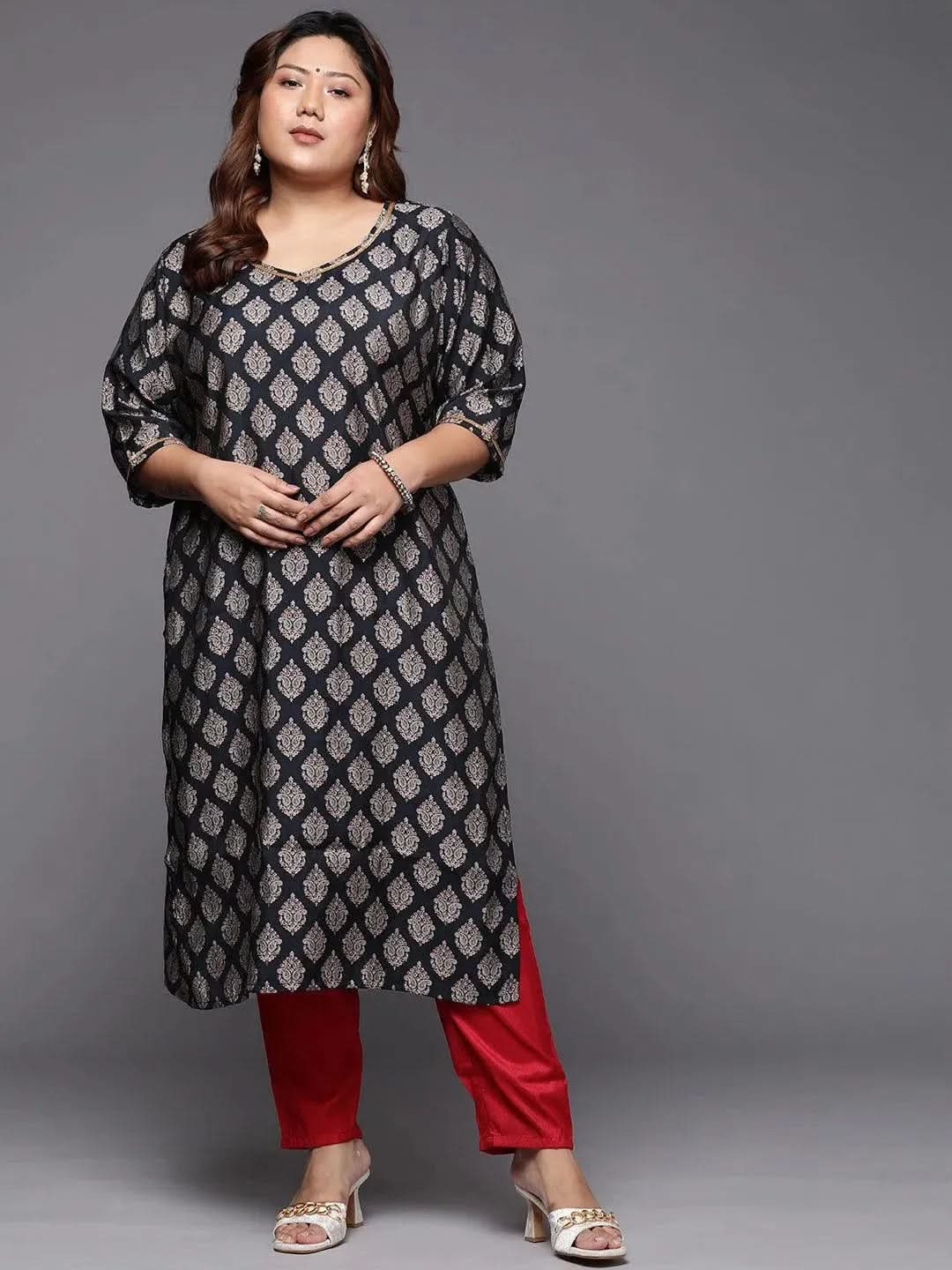 

Plus Size Navy Blue Printed Silk Straight Kurta
