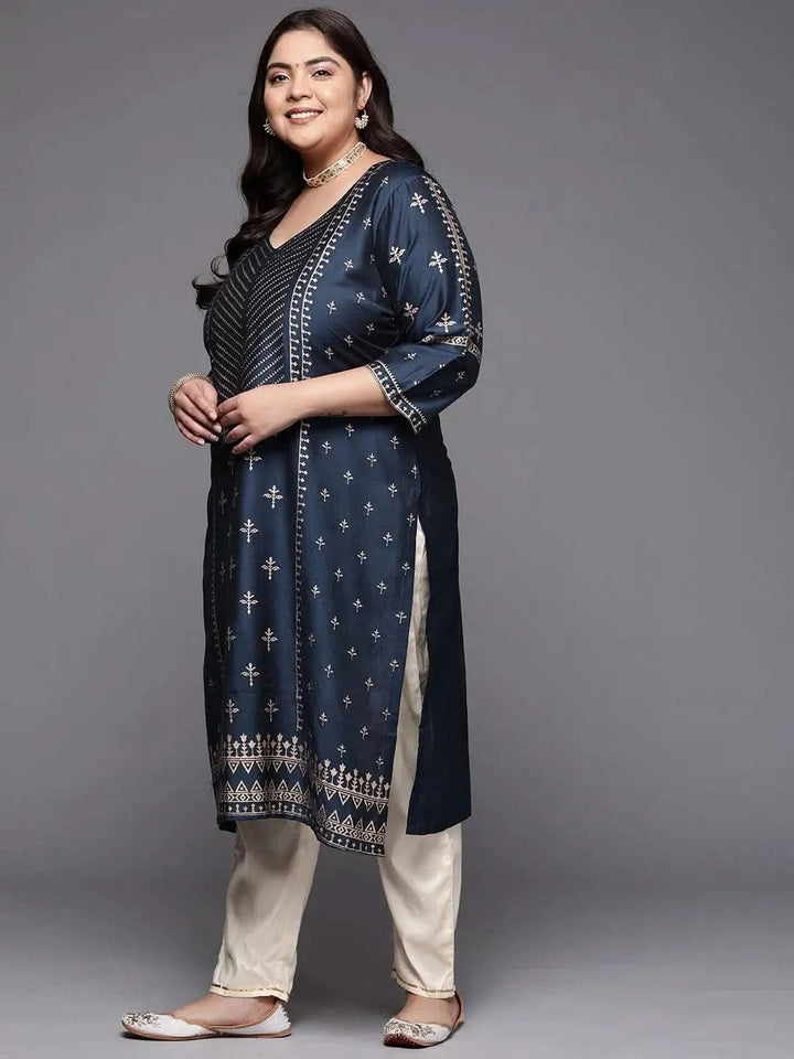 Plus Size Navy Blue Printed Silk Straight Kurta - Libas