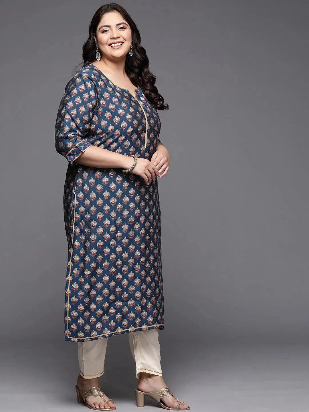 Plus Size Navy Blue Printed Silk Straight Kurta - Libas 