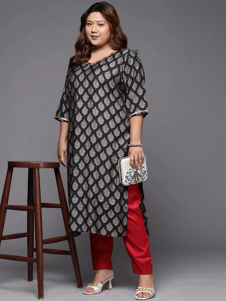 Plus Size Navy Blue Printed Silk Straight Kurta - Libas