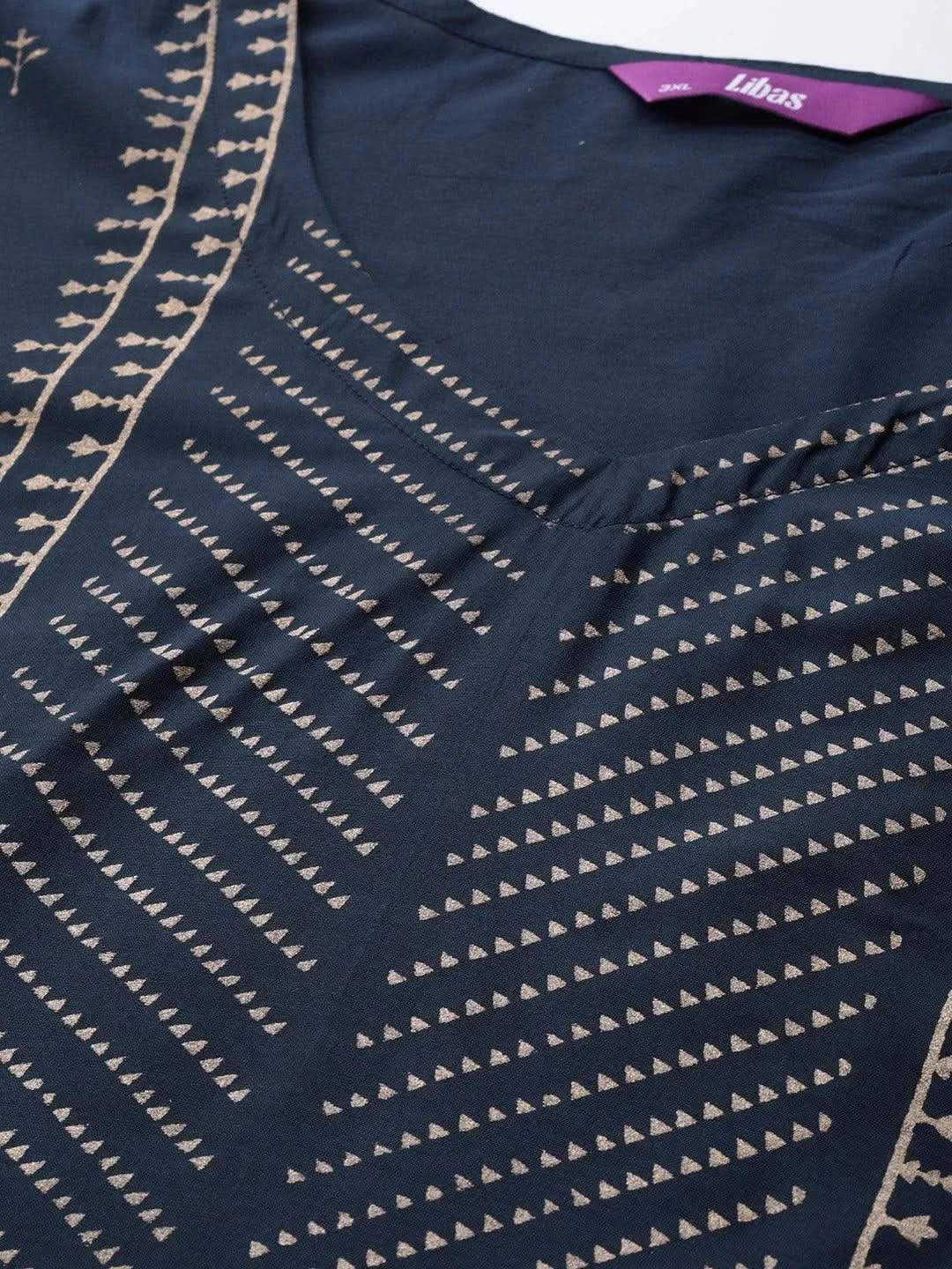 Plus Size Navy Blue Printed Silk Straight Kurta - Libas 