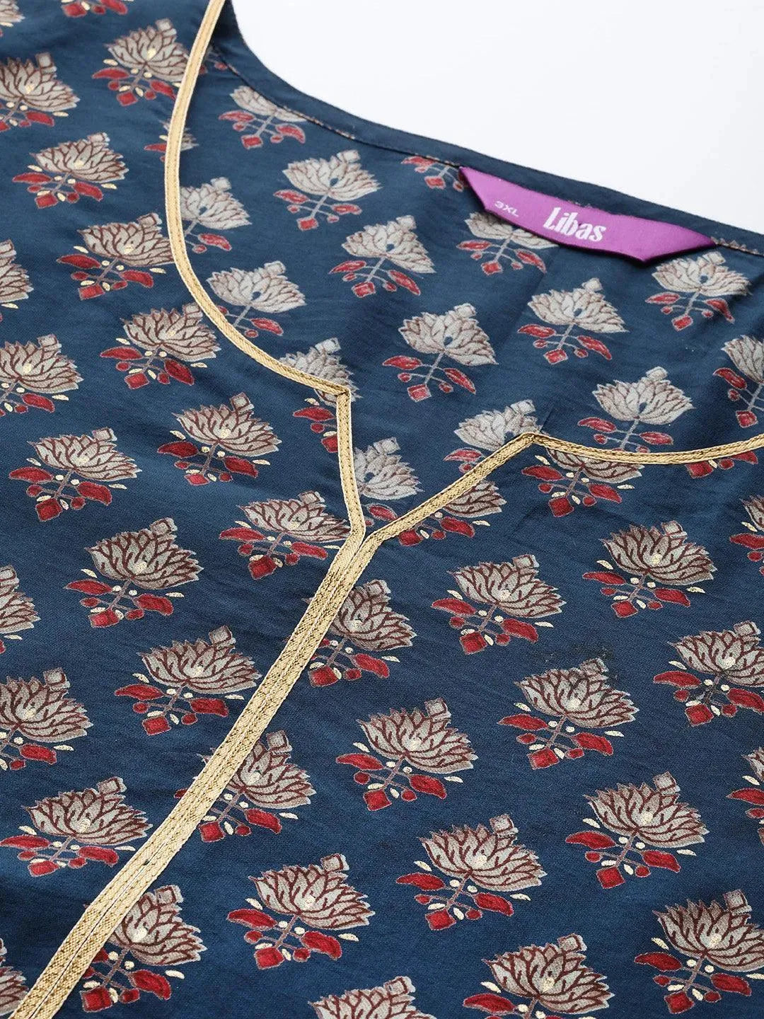 Plus Size Navy Blue Printed Silk Straight Kurta - Libas 