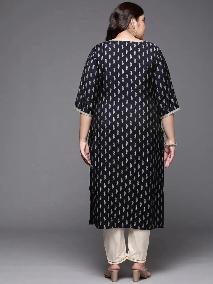 Plus Size Navy Blue Printed Silk Straight Kurta - Libas