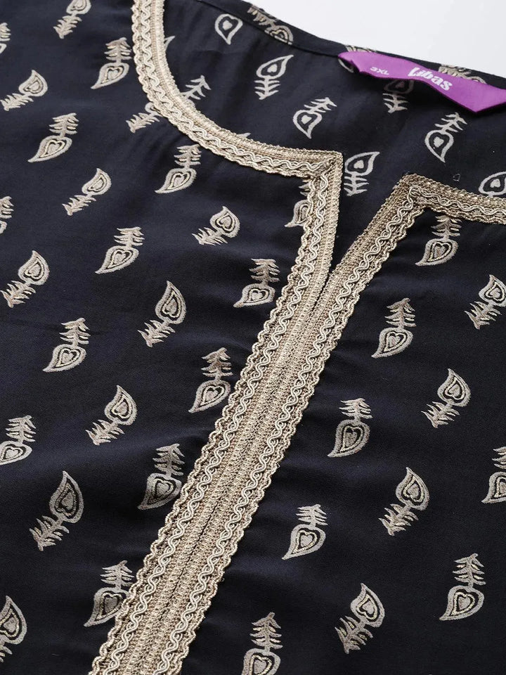 Plus Size Navy Blue Printed Silk Straight Kurta - Libas