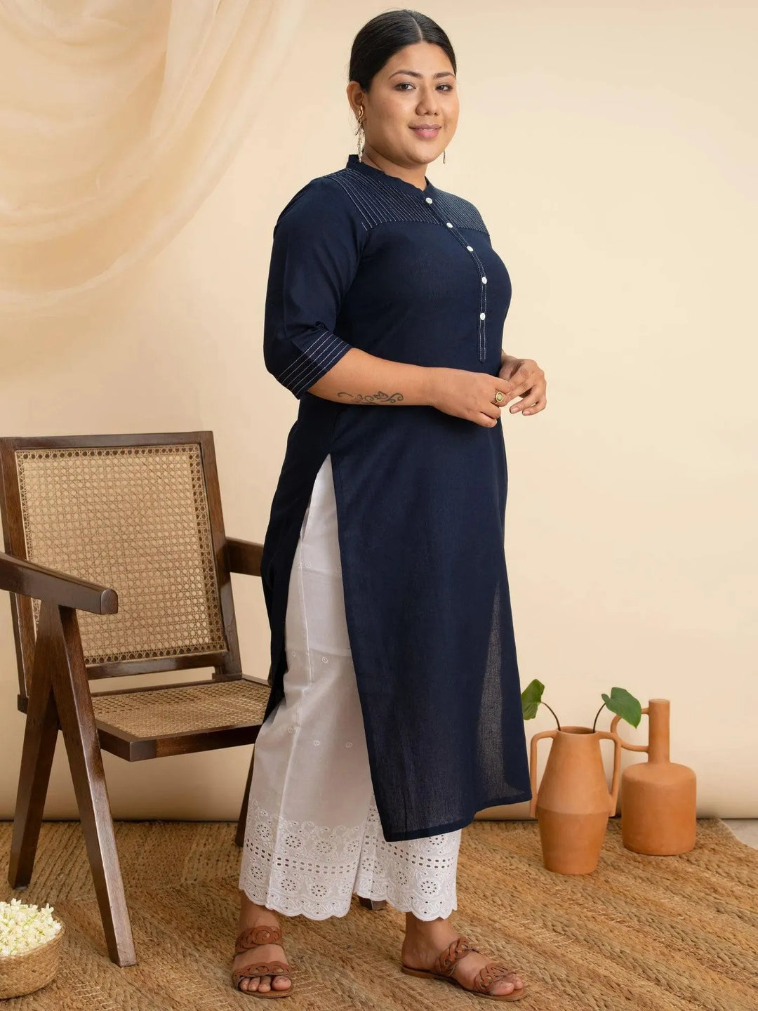 Plus Size Navy Blue Solid Cotton Kurta - Libas