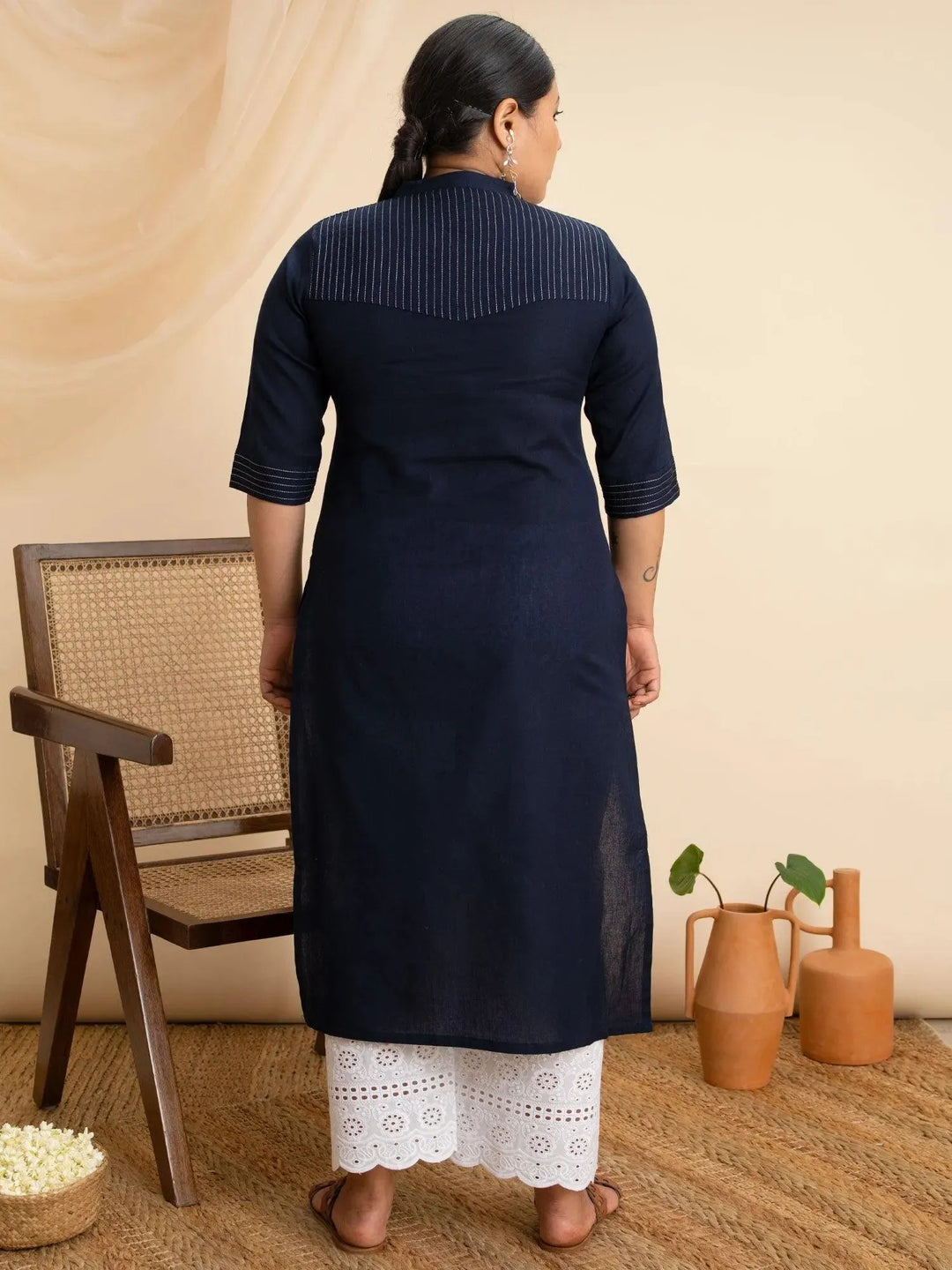 Plus Size Navy Blue Solid Cotton Kurta - Libas