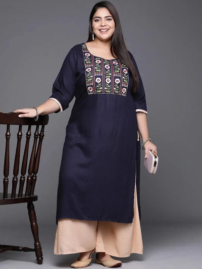 Plus Size Navy Blue Solid Wool Kurta - Libas