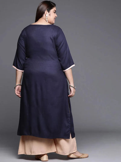 Plus Size Navy Blue Solid Wool Kurta - Libas