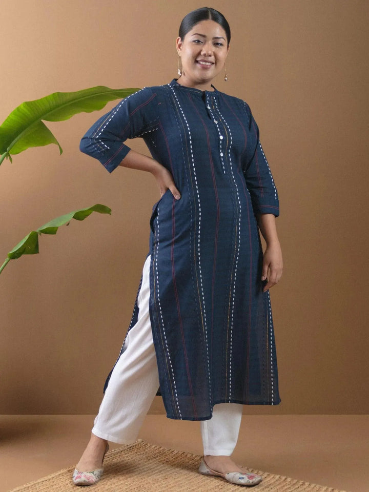 Plus Size Navy Blue Striped Cotton Kurta - Libas