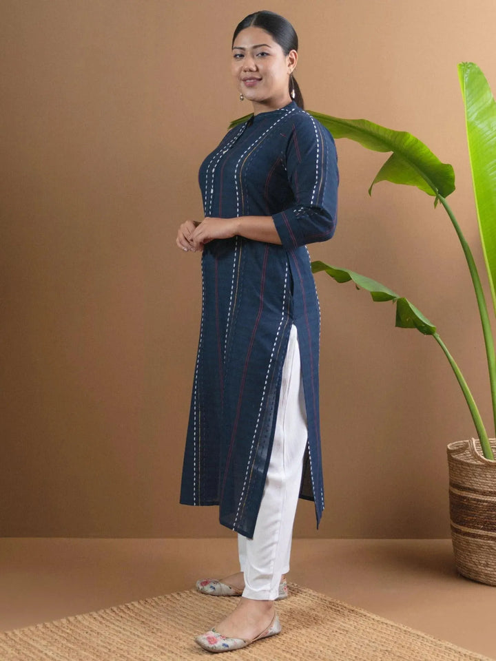 Plus Size Navy Blue Striped Cotton Kurta - Libas