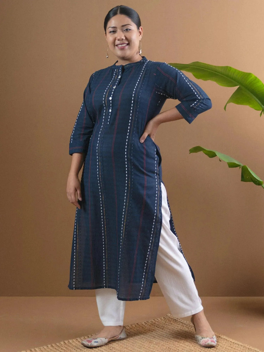 Plus Size Navy Blue Striped Cotton Kurta - Libas