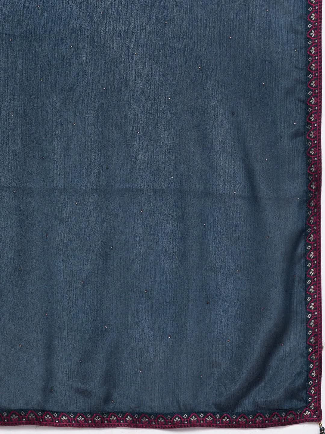Plus Size Navy Blue Woven Design Silk Blend Straight Suit Set - Libas 