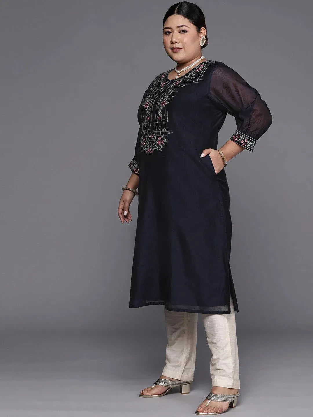 Plus Size Navy Blue Yoke Design Chanderi Cotton Straight Kurta - Libas 