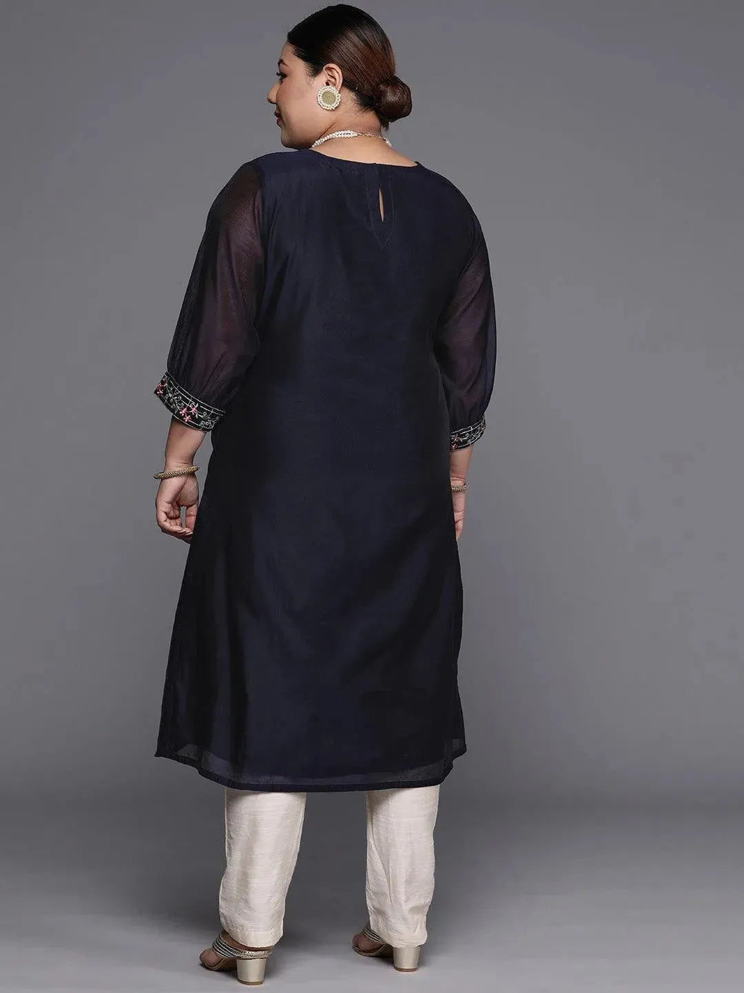 Plus Size Navy Blue Yoke Design Chanderi Cotton Straight Kurta - Libas 