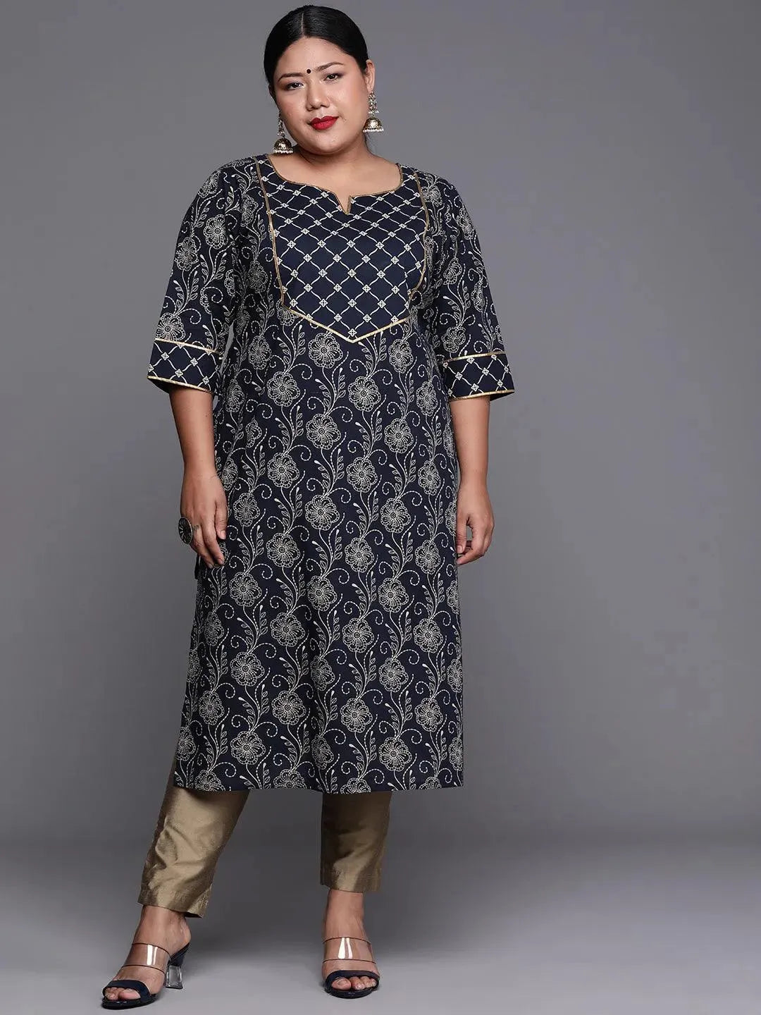 Plus Size Navy Blue Yoke Design Cotton Kurta - Libas