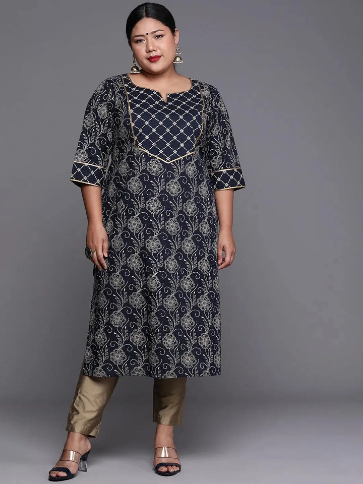 Plus Size Navy Blue Yoke Design Cotton Kurta - Libas