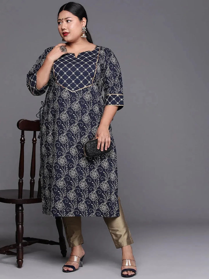 Plus Size Navy Blue Yoke Design Cotton Kurta - Libas