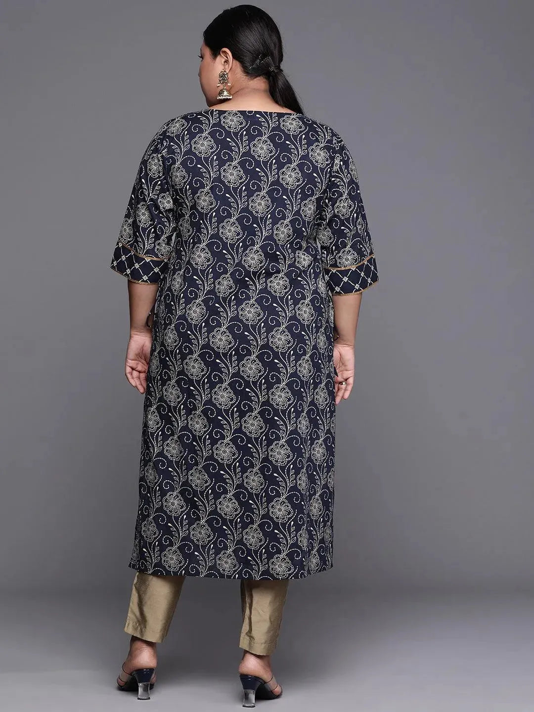 Plus Size Navy Blue Yoke Design Cotton Kurta - Libas 