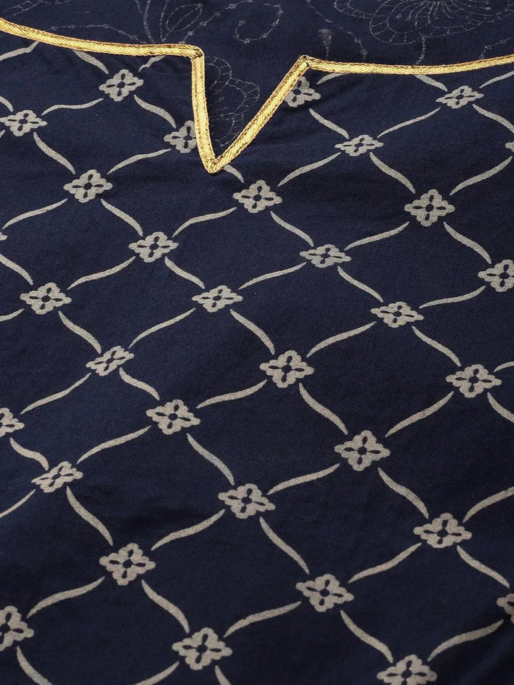 Plus Size Navy Blue Yoke Design Cotton Kurta - Libas