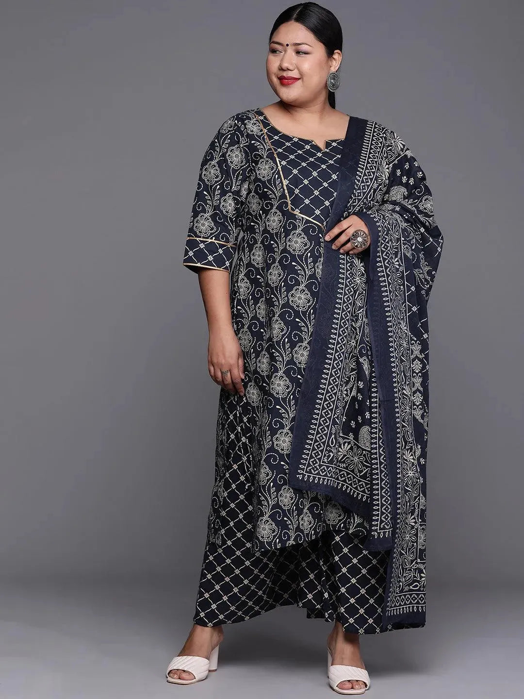 Plus Size Navy Blue Yoke Design Cotton Suit Set - Libas