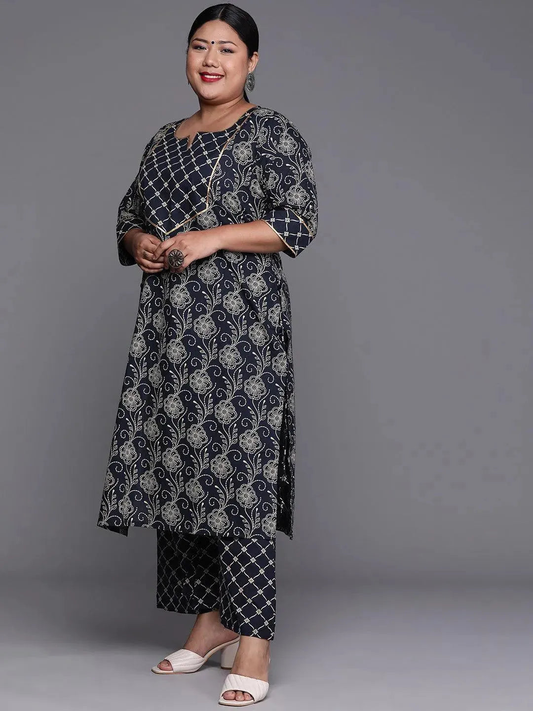 Plus Size Navy Blue Yoke Design Cotton Suit Set - Libas 