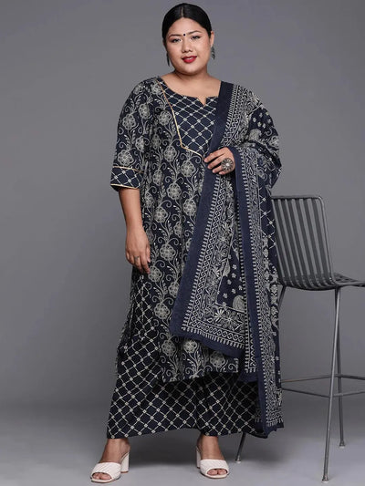 Plus Size Navy Blue Yoke Design Cotton Suit Set - Libas