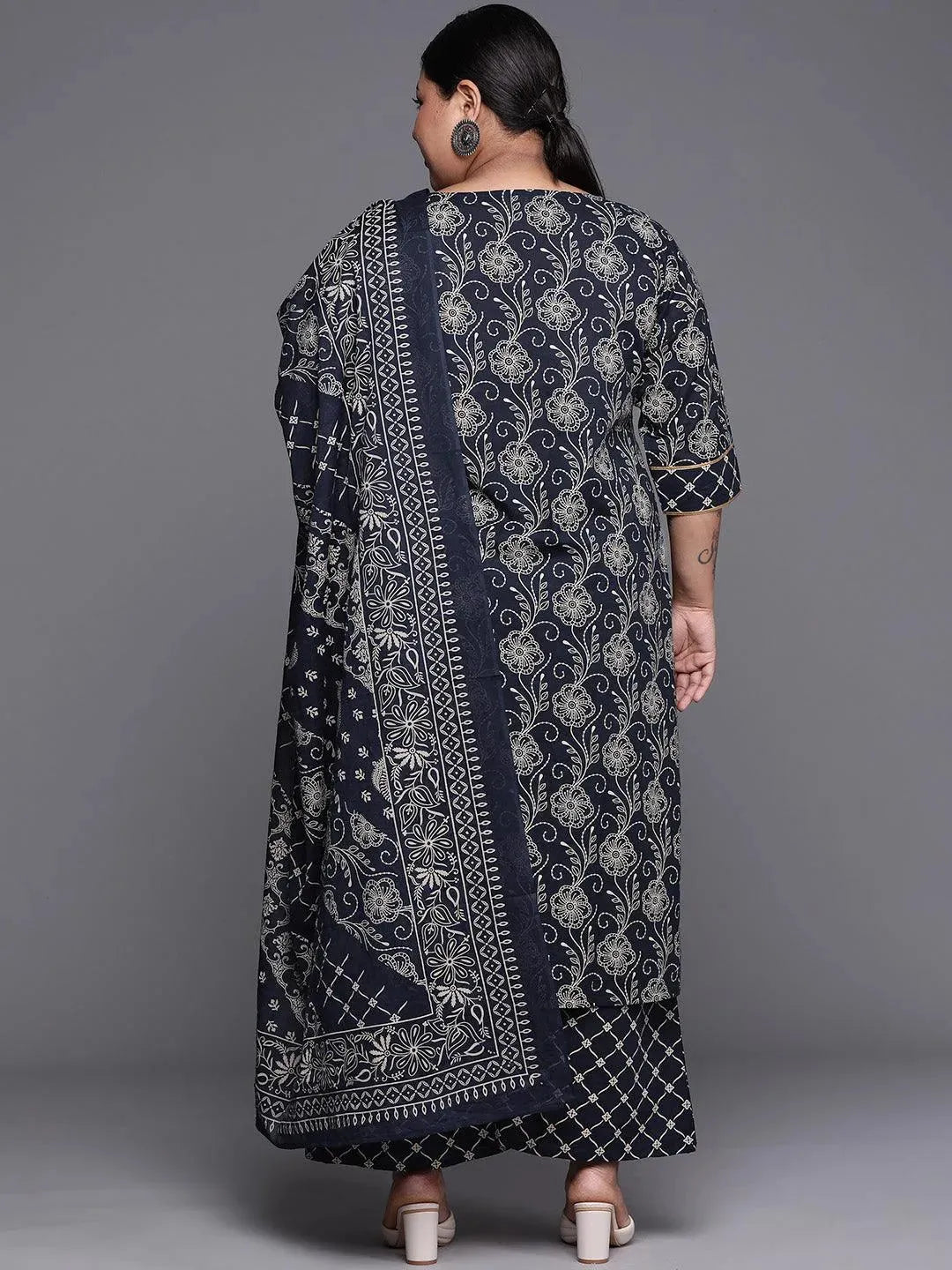Plus Size Navy Blue Yoke Design Cotton Suit Set - Libas 