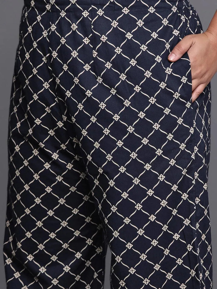Plus Size Navy Blue Yoke Design Cotton Suit Set - Libas